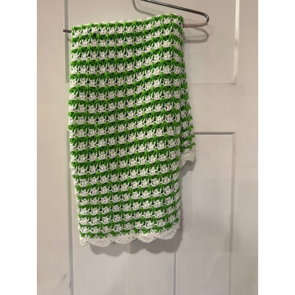 Handmade Crochet baby Blanket Green White Striped